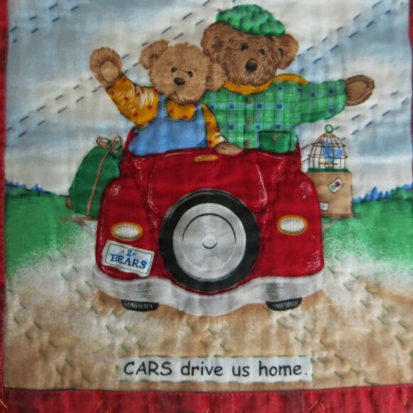 Vintage Handmade Handsewn Bears On Go Micky Mouse Double Sided Cotton Quilt - Picture 12 of 16